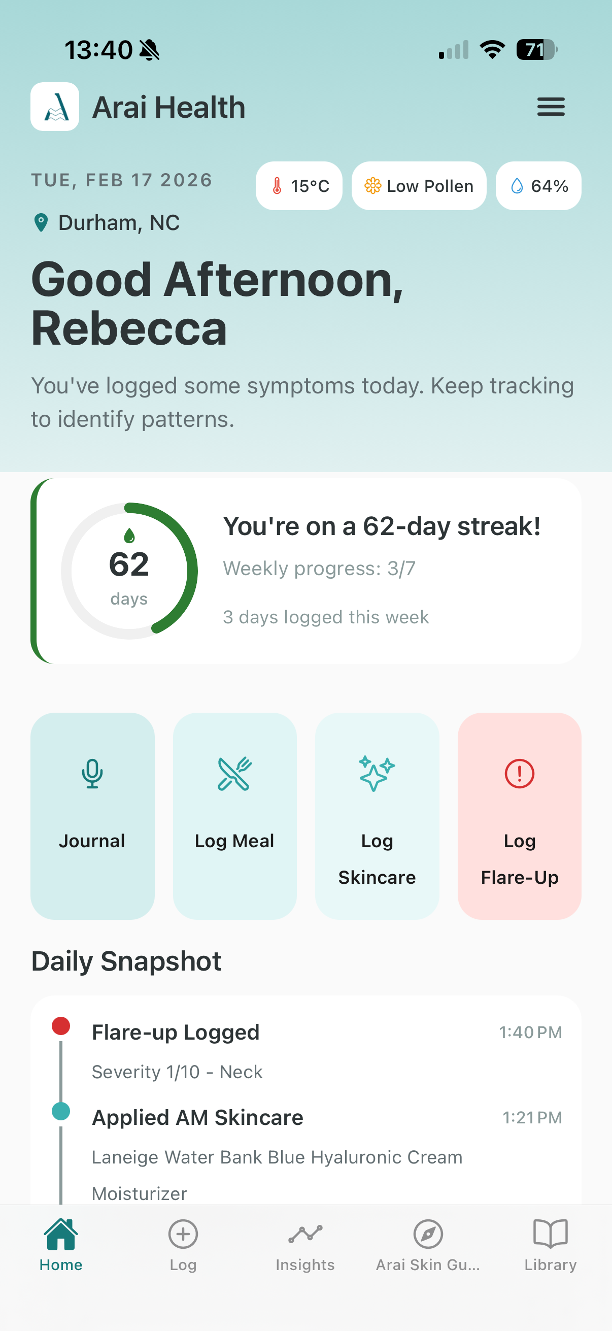 Arai Health app homepage